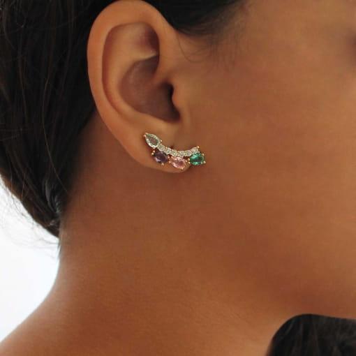 Brinco estilo ear cuff carreira de zircônias redondas e em gota