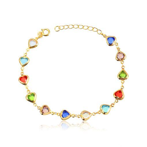 Pulseira folheada com pedrinhas cores variadas formato coração